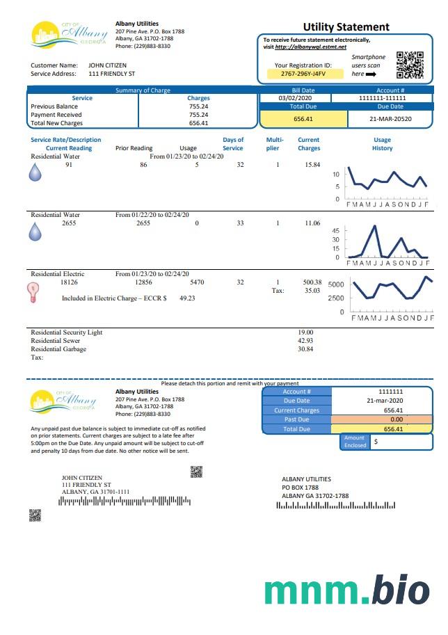 USA Georgia City of Albany szablon rachunku za wodę i energię elektryczną w formacie Word i PDF